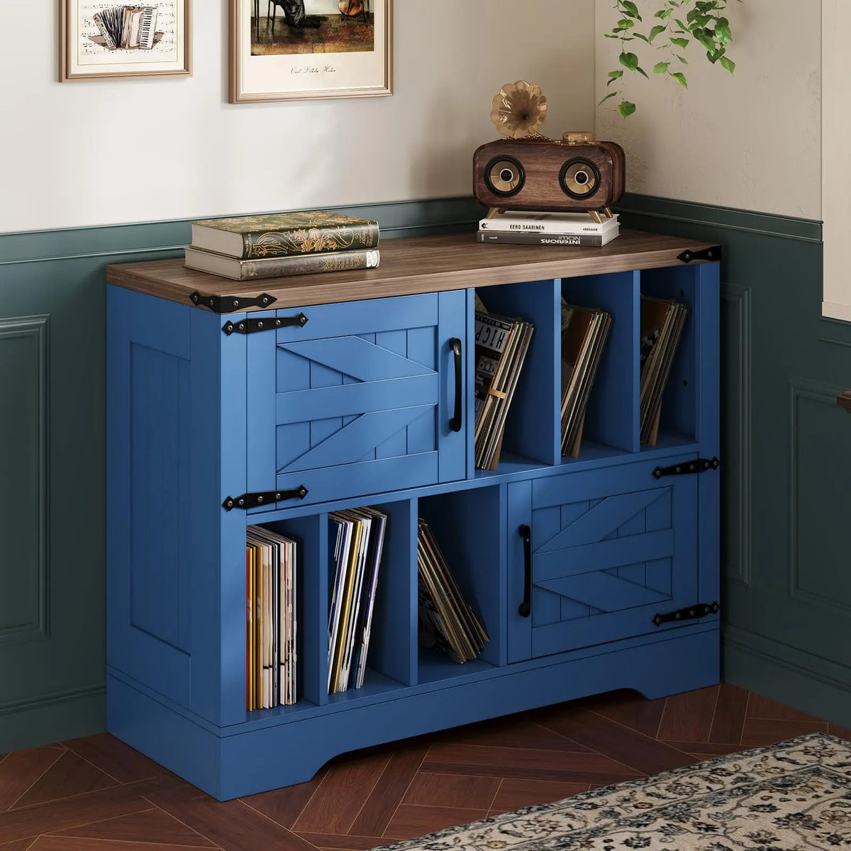 39in Farmhouse Record Player Stand With Barn Doors, Vinyl Record Storage Cabinet Holds 450 Albums, Wood Turntable Table For Living Room