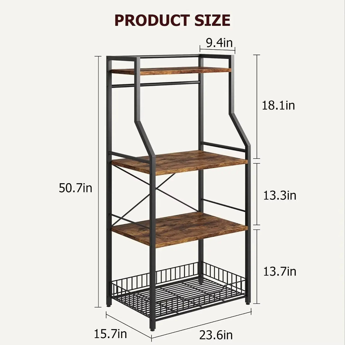 4 Tier Kitchen Bakers Rack with Microwave Stand Coffee Bar Station Freestanding Storage Shelf with Wire Basket 8 Hooks Industrial Style Organizer for Kitchen Pantry Dining Room