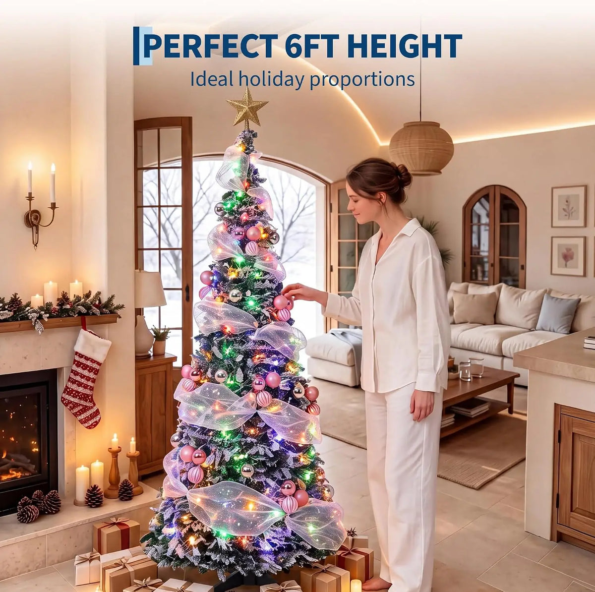 Garvee 6ft Pop-up Christmas Tree with LED lights and Christmas flower for home decoration  foldable Christmas tree  for Party Weddings Holiday Christmas Tree Decor ﻿