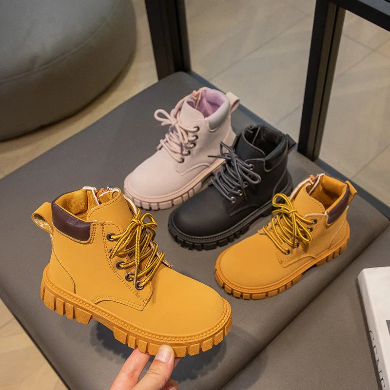 Fashion Boy Girl Short Boots Non-Slip British Style Boots Children's Side Zipper Design Single Boots Leather Boots Anti-skid
