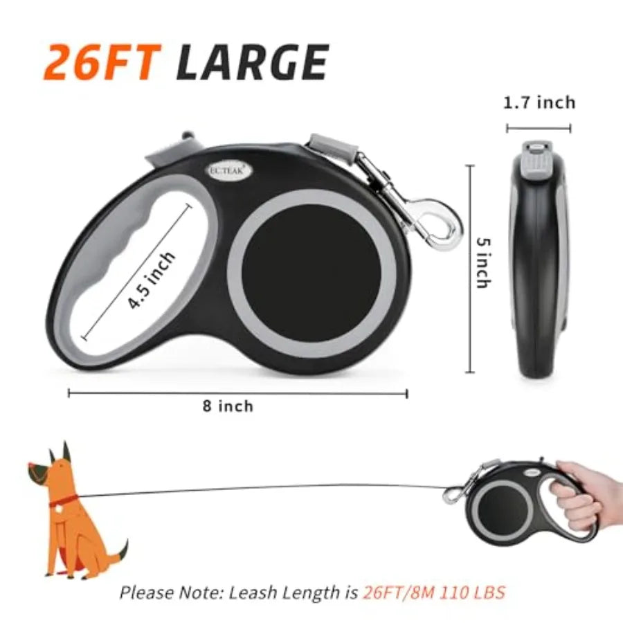 Retractable Dog Leash 26 FT, Heavy Duty Dog Leash for Dogs up to 110lbs, Strong Nylon Tape No Tangle, One-Handed Brake, Pause,