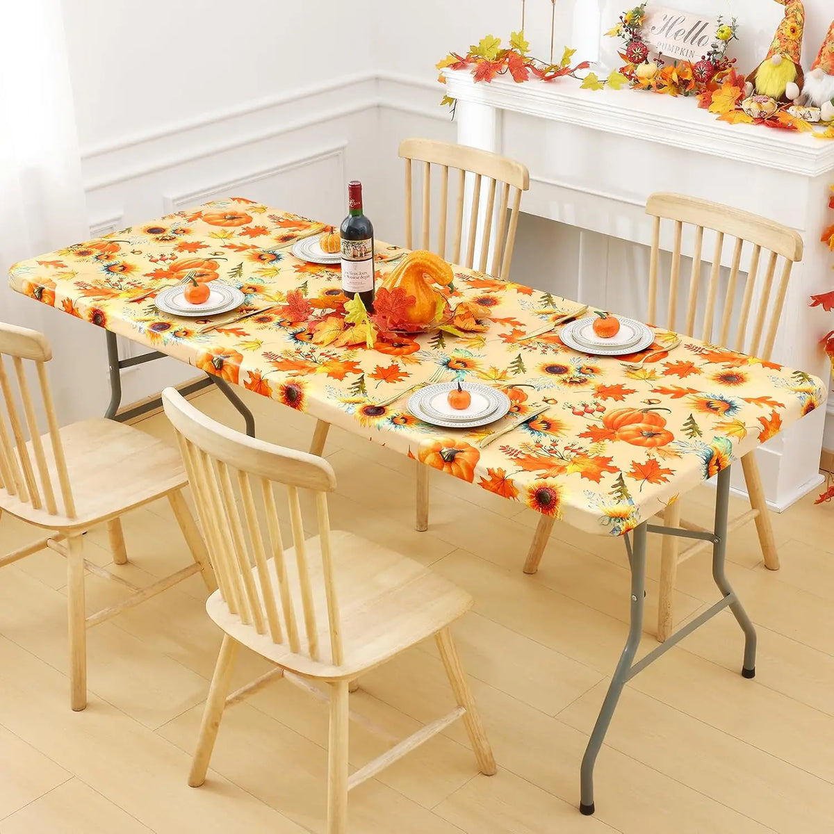Waterproof PVC Flannel Table Cover Elastic Fitted Tablecloth Floral Pumpkin Christmas Pattern Dining Party Decoration