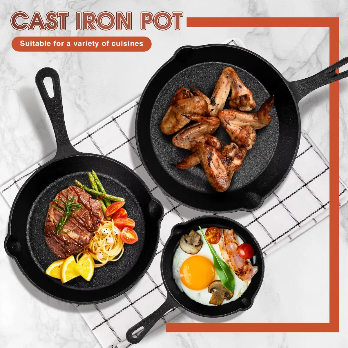 3PCS Cast Iron Skillet Set, Non-Stick Frying Pans with Drip Spout for Camping, RV & Home Cooking