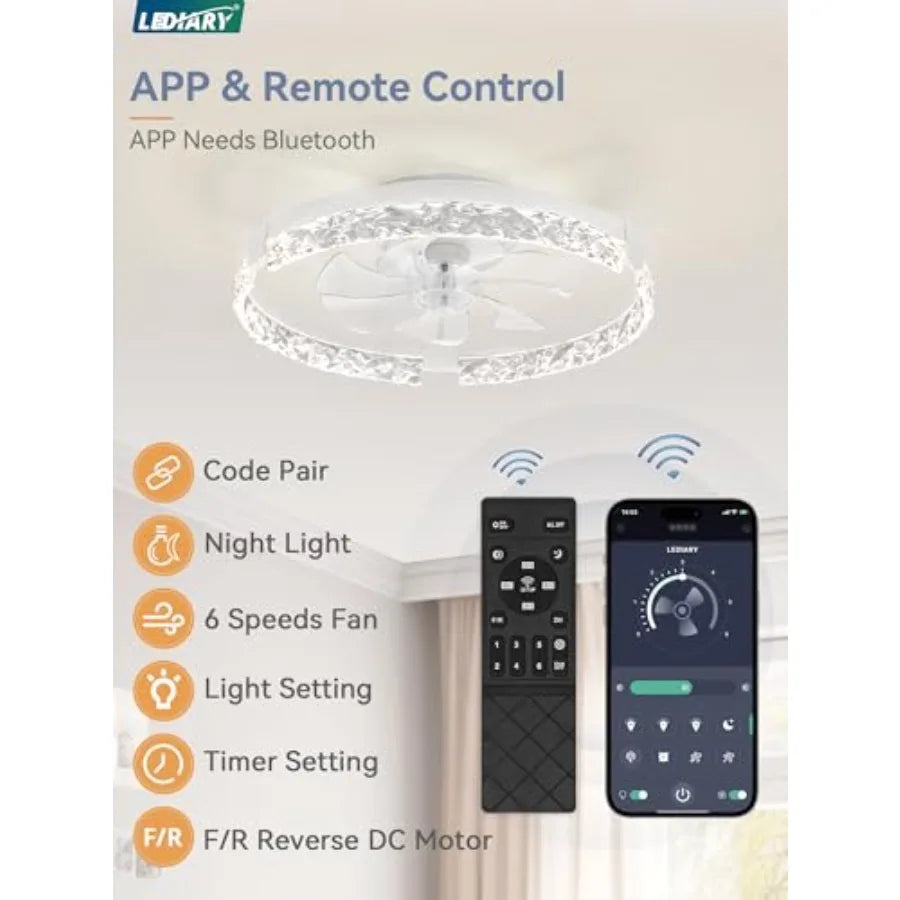 Low Profile Ceiling Fans with Lights and Remote, Fandelier Ceilg Fan Flush Mount, 3000K-6000K Dimmable LED Fan Light, Modern Ce
